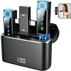 2 Pack Wireless Lavalier Microphone for iPhone iPad Android, Active Noise Reduction Mini Microphone with Charging Case 7H Clip On Microphones for Interview, Recording, Vlogging, Live Streaming, 80ft