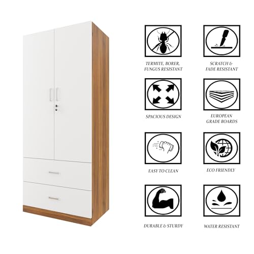 Image of VIKI Wardrobe | Wooden Almirah for Clothes,Door for Bedroom, 2 Door Wardrobe with Drawer & Hanging Space (Brussel Walnut, White - 40D x 80W x 180H) | 1 Year Warranty | Free Assembly