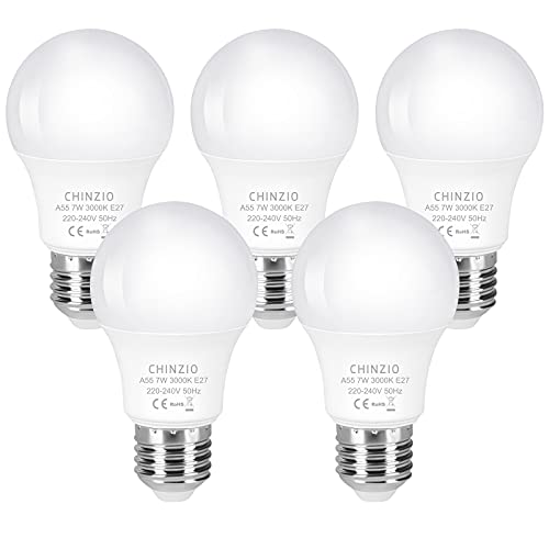 CHINZIO Bombilla E27 LED 7W, 3000K Luz Blanco Cálido, 550 Lúmenes, Equivalente a 70W Incandescente, Ángulo 280°, AC 220-240V, No Regulable - 5 Unidades