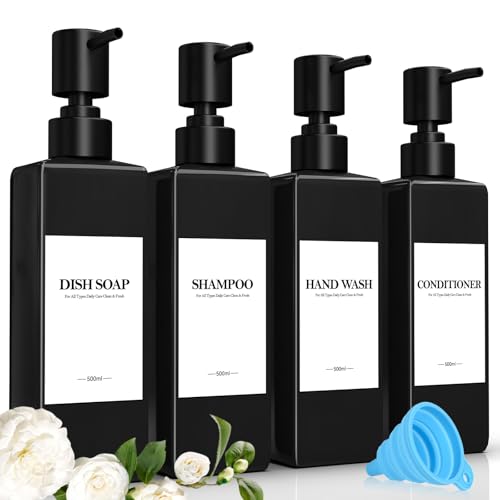 Juego de 4 Negro Dispensador Jabon BañO, 500ml Dosificador Jabon BañO, Dispensador Gel y Champu Ducha, con Embudo y Etiqueta Impermeable, Adecuado para Cocina, BañO y Aseo