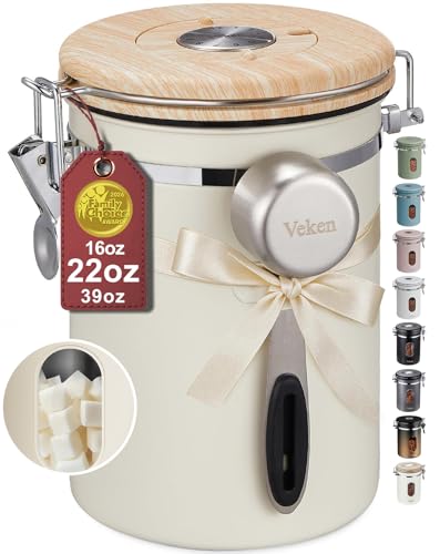 Veken Coffee Sugar Canister with Window, Mothers Day Gifts For Women,Airtight Stainless Steel Kitchen Food Storage Container, Date Tracker & Scoop for Grounds Coffee, Beans,Tea,Flour,Cereal,22OZ,Cream