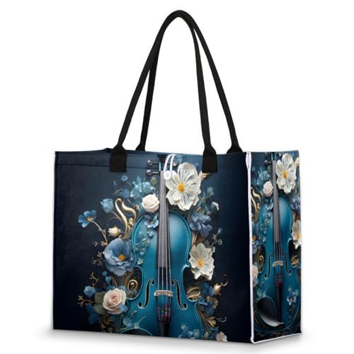 Blue Guitar Flower Tote Bag for Women Large Beach Bag Reusable Tote Bags for Work Travel Beach Shopping