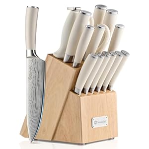 Sunnecko Knife Set with Block and Sharpener, 15 Piece Kitchen Knife Block Set Sharp Kitchen Knives High Carbon Stainless Steel with White Handles