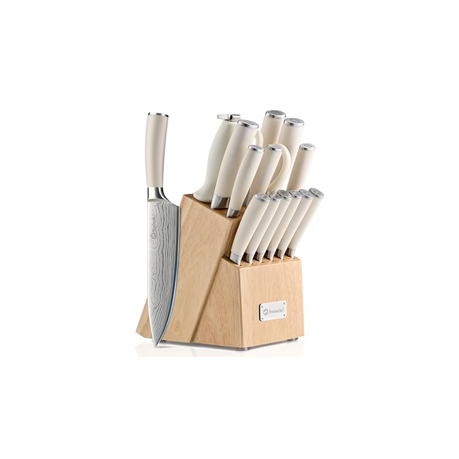 Sunnecko Knife Set with Block and Sharpener, 15 Piece Kitchen Knife Block Set Sharp Kitchen Knives High Carbon Stainless Steel with White Handles