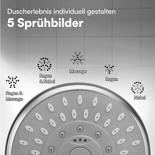 H&S Universal Duschkopf mit Hohem Wasserdruck - Duschbrause mit 5 Verstellbaren Modi - Leistungsstarke verchromte Regendusche in Groß - Handbrause für Badinstallationen
