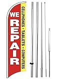 4Less We Repair Cellphones Tablets Computers Windless Swooper Flag Feather Banner Sign 15 ft Tall Large Pole Spike Kit rb-h, Red