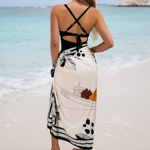 One Piece Swimsuit Women with Cover Up Set Retro Bathing Suit for Women Tummy Control Beach Wrap Skirt4