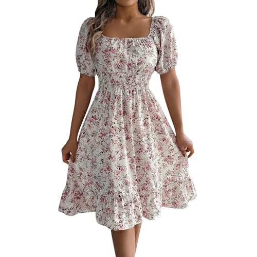 Sommerkleider Damen leicht und luftig Damen Hohe Taille Quadratischer Ausschnitt Puff Ärmel A Linie Blumenkleid Boho Kleider Freizeit Chiffon...