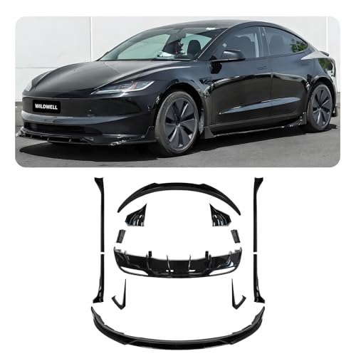 WildWell Full Body Kit For 2024-2026 Tesla Model 3 Highland, Rear Spoiler, Rear Diffuser, Front Lip, Side Skirts, Fog Light Trims Model 3 Accessories Glossy Black