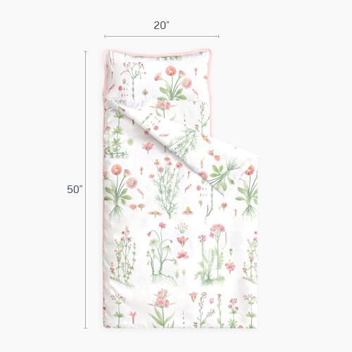 Image of Wake In Cloud - Toddler Nap Mat with Pillow and Blanket, 100% Cotton Fabric, for Kids Girls Ages 3 Plus in Daycare Kindergarten Preschool, Sleeping Bag, Botanical Flowers