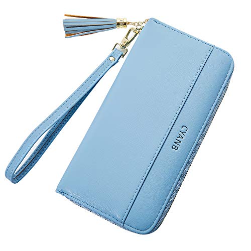 CYANB Women Wallets Tassel Bifold Ladies Cluth Wristlet Wrist strap Long Purse Blue