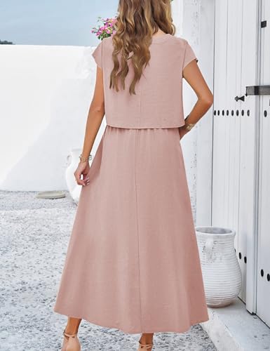 Image of Mingzhu Womens 2 Piece Outfits Skirt Set Summer Casual Cap Sleeve Crop Tops Maxi Dress Sets with Pockets