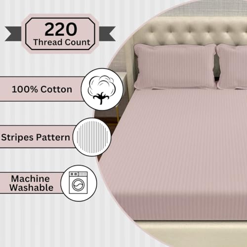 Image of Divine Casa 100% Cotton King Size Bedsheet 210 TC Italian Stripe | Soft Breathable Luxury Bed Sheet with 2 Pillow Covers | Elegant Stripe Bedding Set for Bedroom | 275 x 275 cm (Coffee, Striped)