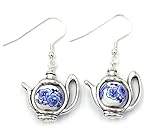 'I'm a Little Teapot', Teapot Earrings with Blue and White Ceramic Bead