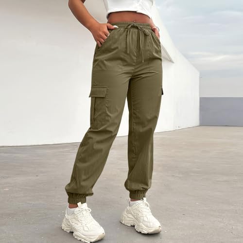Women's Casual Cargo Pants Solid Color Joggers Drawstring Waist Elastic Waistband Multiple Pockets Trousers3