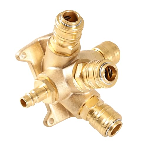 G 1/2" Wanddose Druckluftverteiler für Wandmontage, 4-Fach Druckluftweiche aus Messing mit 1 x 1/2" Stecknippel und 4 x 1/2" Kupplungsdosen NW 7,2 Luftweiche