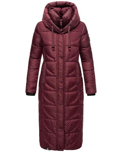 Navahoo Damen Wintermantel Warmer Steppmantel extralang mit Kapuze Waffelchen Wine Gr. M