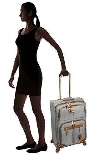 Steve Madden Designer Luggage Collection - Lightweight 24 Inch Expandable Softside Suitcase - Mid-size Rolling 4-Spinner Wheels Checked Bag (Harlo Gray)
