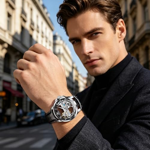 Image of OLEVS Skeleton Watches for Men Automatic Self Winding Mechanical Luxury Dress Leather Waterproof Luminous Men Wrist Watch