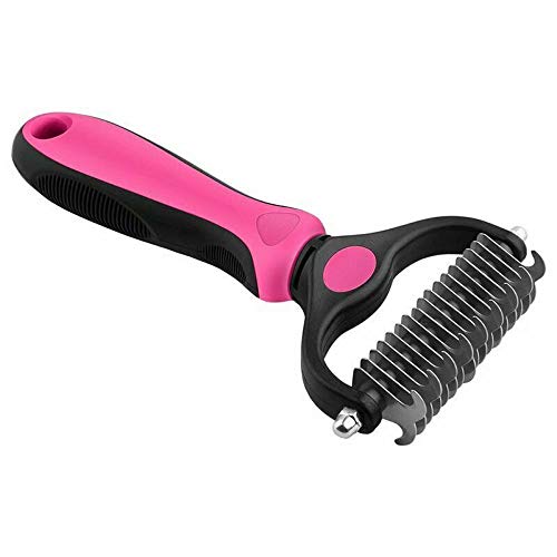 VJK Pet Grooming Tool - 2 Sided Undercoat Rake for Cats & Dogs - Safe Dematting Comb for Easy Mats & Tangles Removing - No More Nasty Shedding and Flying Hair