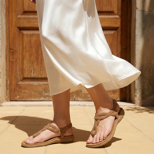 Image of UBFEN Womens Flat Sandals Dress Braided T-Strap Thong Sandals with Arch Support Comfortable for Walking