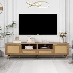 Jaxenor 200cm rotan tv-kast televisiekast, tv-commode dressoir voor de woonkamer 85 inch televisie, tv-meubel met veel opbergruimte, 2 laden, 2 deuren, eiken