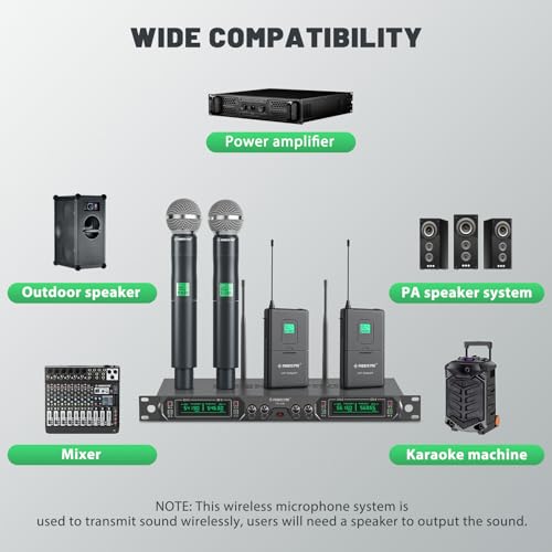 Image of Pheny Pro 4 Channel UHF Wireless Microphone System, Fixed Frequency Handheld /Pocket /Headband /Lapel Microphones for Church, Karaoke, Vocal, DJ (PTU-5000B)