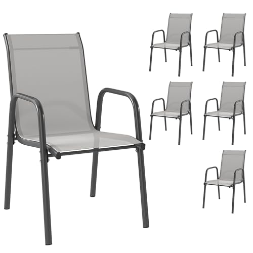 Outsunny Juego de 6 Sillas de Jardín Exterior Apilables, Sillas Terraza Exterior con Reposabrazos, Asiento y Respaldo de Malla Transpirable, Estructura Metálica Resistente, 51x69x87 cm, Gris Claro