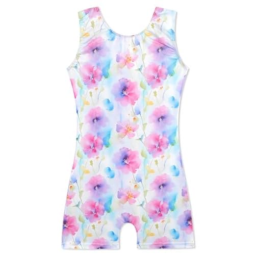HOZIY Gymnastics Leotards with Shorts for Girls Toddlers Kids Biketard Tumbling Outfits Sparkle Unicorn Leopard Galaxy 4-5T Blue Pink Flower