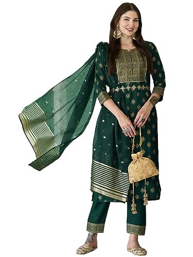 Image of GoSriKi Women's Cotton Blend Printed Straight Kurta with Pant & Dupatta