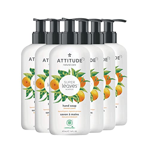 ATTITUDE Liquid Hand Soap, Plant- and Mineral-Based Formula, Vegan & Cruelty-free Personal Care Products, Orange Leaves, 16 Fl Oz (Pack of 6) (14098)