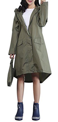 QZUnique Women's Lightweight Long Raincoat with Pockets Waterproof Packable Hooded Raincoats Windbreak Jackets Army Green US L