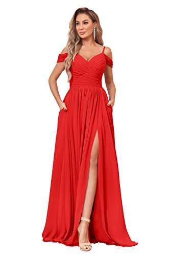 Image of BOLENSYE Off the Shoulder Bridesmaid Dresses with Pockets Ruched Chiffon Long Slit Formal Evening Gown