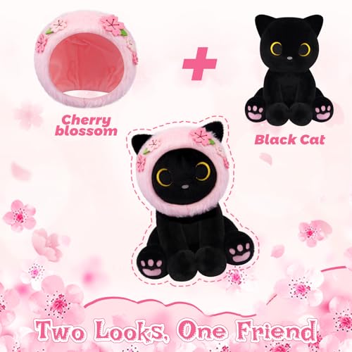 Image of Black Cat Plush with Removable Sakura Flower Hood - 8 inch Cute Stuffed Animal for Spring, Soft Kawaii Cat Plushie, Flower & Cherry Blossom Gift for Girls & Moms