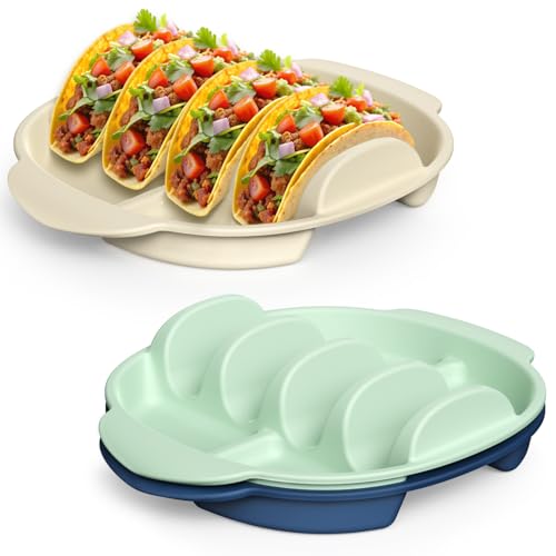 LZC LADYS GIFT Silicone Taco Holder Set of 3, Reusable Taco Stand Rack Tray with 4 Dividers, Taco Plates for Hard/Soft Taco Shells, Taco Party Serving Plates, Dishwasher & Microwave Safe Taco Holders