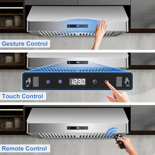 Image of Under Cabinet Range Hood 30 inch, Kitchen Hood 900 CFM Stainless Steel with Gesture & Remote Control, 3-Speed Fan, Time Setting, Dishwasher Safe Baffle Filters, Range Hoods Ductless Convertible Duct