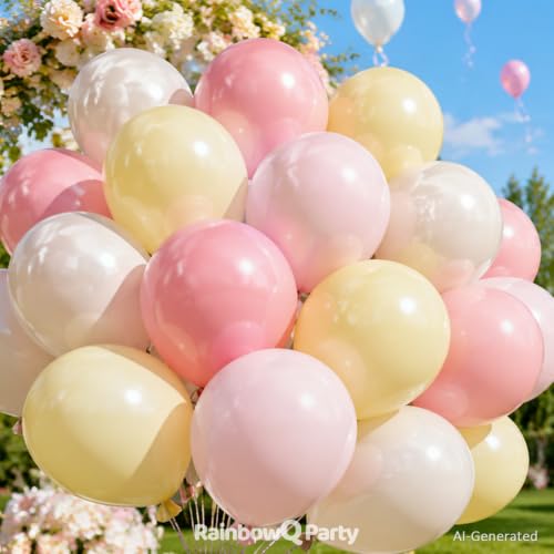 Image of RainbowQ Pink and Yellow Balloons: 67PCS 12 inch Sand White Latex Helium Pastel Balloons Set for Wedding Bridal Shower Birthday Party Decorations