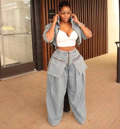 Womens Fall 2 Piece Outfits Zip Up Long Sleeve Crop Jean Jacket Wide Leg Cargo Pants Suit Denim Set3