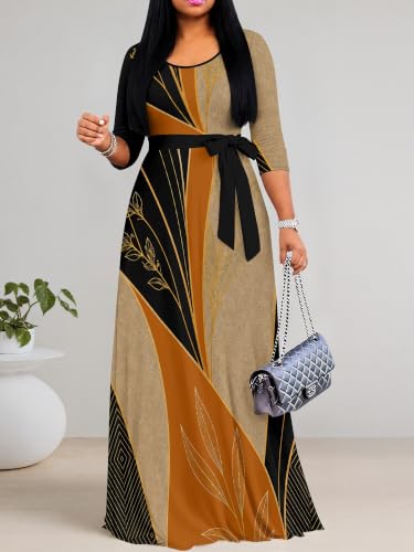 Image of Women's V Neck Floral Maxi Dress 3 /4 Sleeve Plus Size Boho Wrap Flowy Long Dresses with Belt
