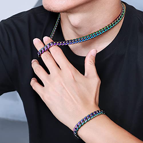 Huamingsh 10Mm Rainbow Colorful Gold Plated Titanium Stainless Steel Cuban Link Necklace Choker For Men Women Curb Chain Hip Hop Jewelry 24 Inches #TOP5