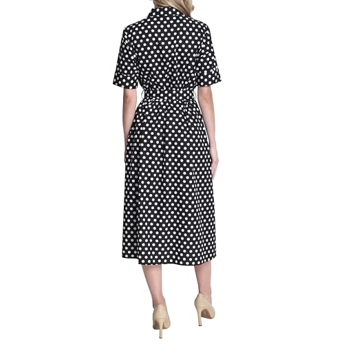 Image of DKNY Women's Short Sleeve Cotton Poplin Collared Midi Shirtdress