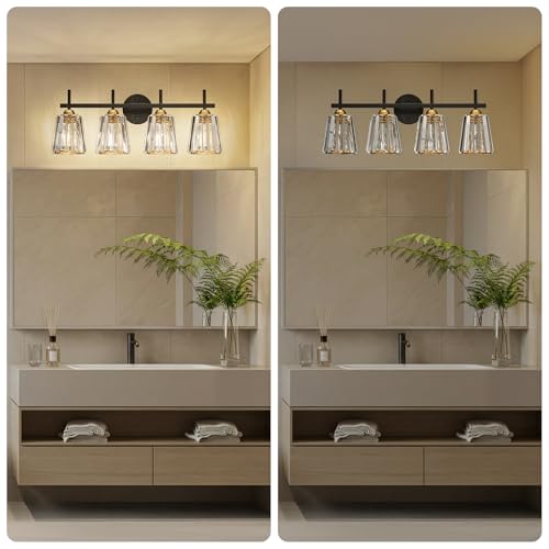 Image of Crystal Bathroom Light Fixtures Over Mirror, Black Gold 4-Light Bathroom Vanity Lights Over Mirror Modern Wall Lighting Sconces with Ceramic E26 Base (Bulbs Not Include)
