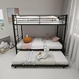 QSOSTNS Twin Over Twin Metal Bunk Bed with Trundle，Heavy Duty Bunk Beds Frame with 2 Side Ladders afety Guardrails and ladders for Kids/Teen/Adults, Easy to Assemble, No Box Spring Needed(Black)