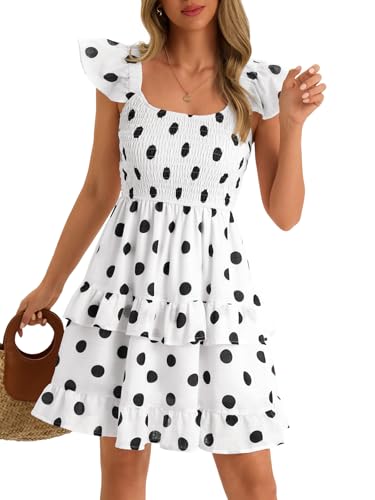Image of Women Summer Dresses Casual Boho Smocked Ruffle Sun Beach Babydoll Mini Dress Layered Flowy Swing Dress