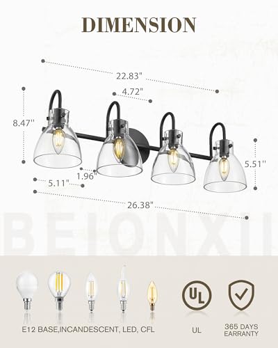 Image of Beionxii 4-Light Bathroom Light Fixtures, Bathroom Vanity Light with Clear Glass Shade, Modern Vanity Lighting Fixtures Over Mirror Living Room Hallway, BX-VL02MB-4CG