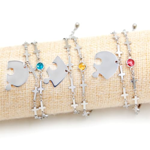 Image of Best Friend Forever Puzzle Heart Bracelet Set with Birthstone - Stainless Steel BFF Friendship Forever Matching Heart Cross Link Bracelet for Family Love Friendship Jewelry Gift Sets