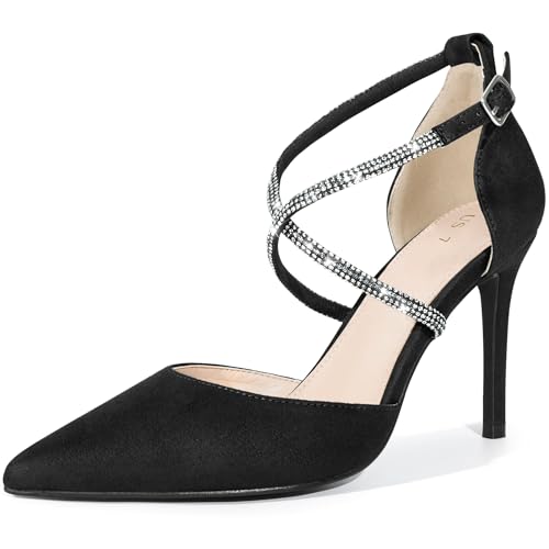 Perphy Pointed Toe Crisscross Rhinestone Ankle Strap Stiletto Heel Pumps for Women