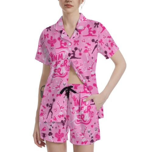 Image of Funny Pajamas for Women Set Print Satin Loungewear Pjs Short Sleeve Button Down Top and Shorts Sets Sleepwear XS-3XL