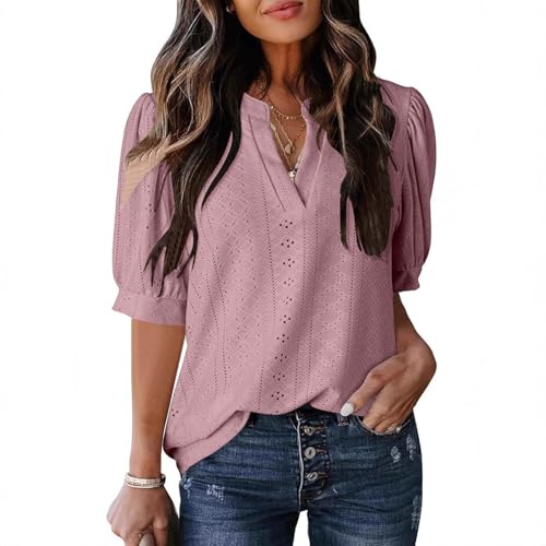 Blouse for Women Dressy Casual Puff Short Sleeve Tops Fashion Eyelet V Neck Tunic Shirts Loose Fit Summer Clothes Rose Gold