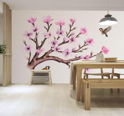 Papier peint intissé fleurs de cerisier rose 3D oiseaux canapé salon 400x280